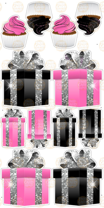 Symmetrical Gift Boxes- Chunky Glitter Pink & Black w/ Silver Ribbon