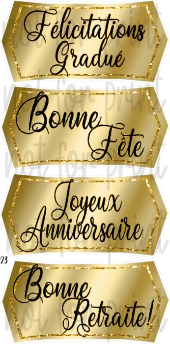 Tiles: French Félicitations Gradue / Bonne Fête / Joyeux Anniversaire / Bonne Retraite  - Gold Script