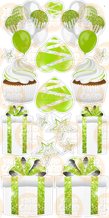 Symmetrical Flair Set - Glitter White / Lime Green