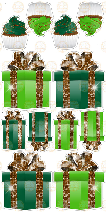 Symmetrical Gift Boxes-Kelly Green, Dark Green, Chocolate Sequin Ribbon